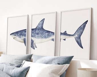 Ensemble de reproductions d'art requin blanc : aquarelle côtière bleu marine, décoration de maison de plage