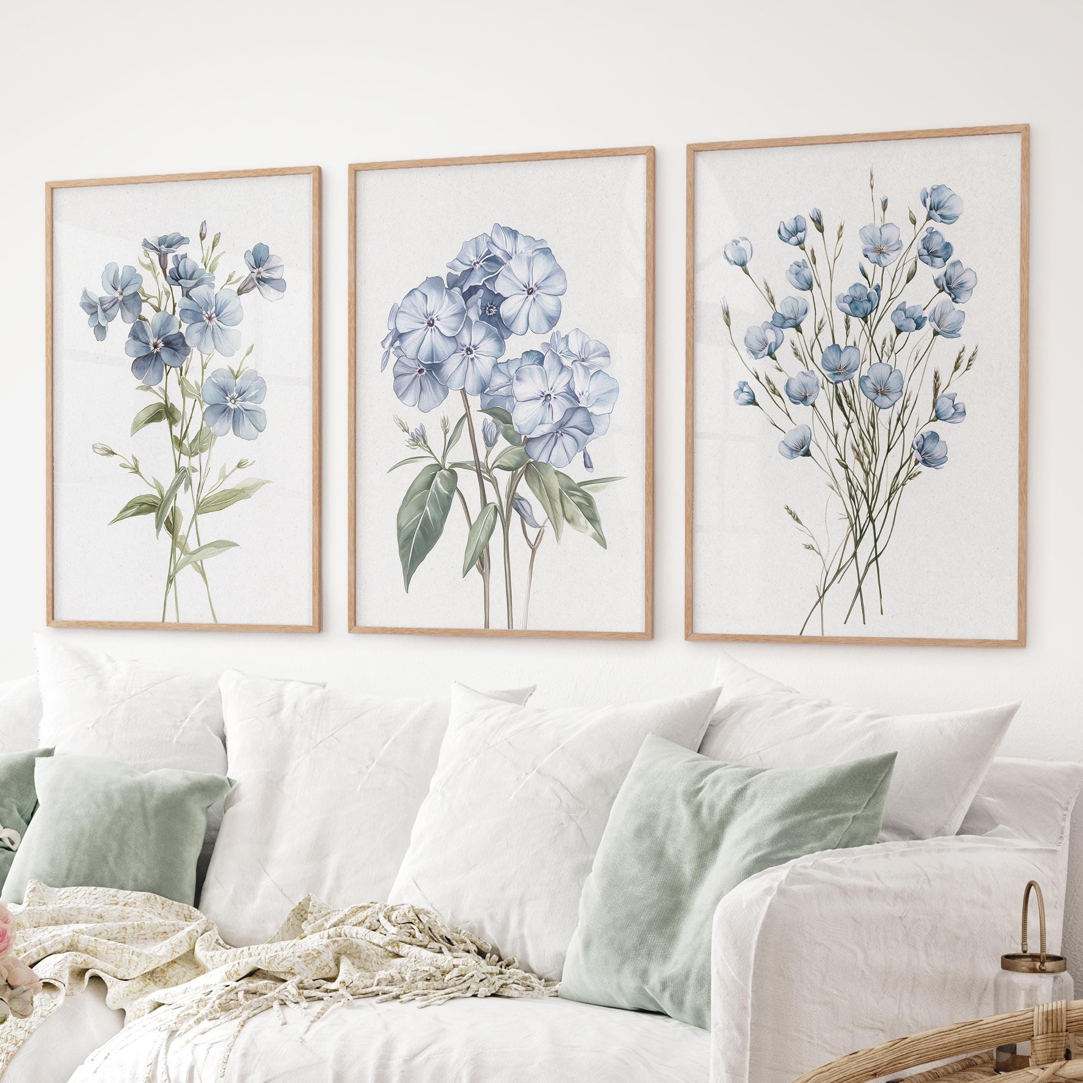 3 Piece Wall Art, Blue Flowers Art Prints, Botanical Poster, Neutral Apartment Wall Decor, Hydrangea Watercolor, Blue Floral Set of 3 Print