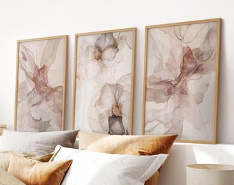 Impressions d'art abstrait floral rose poudré : lot de 3, décoration murale de chambre à coucher