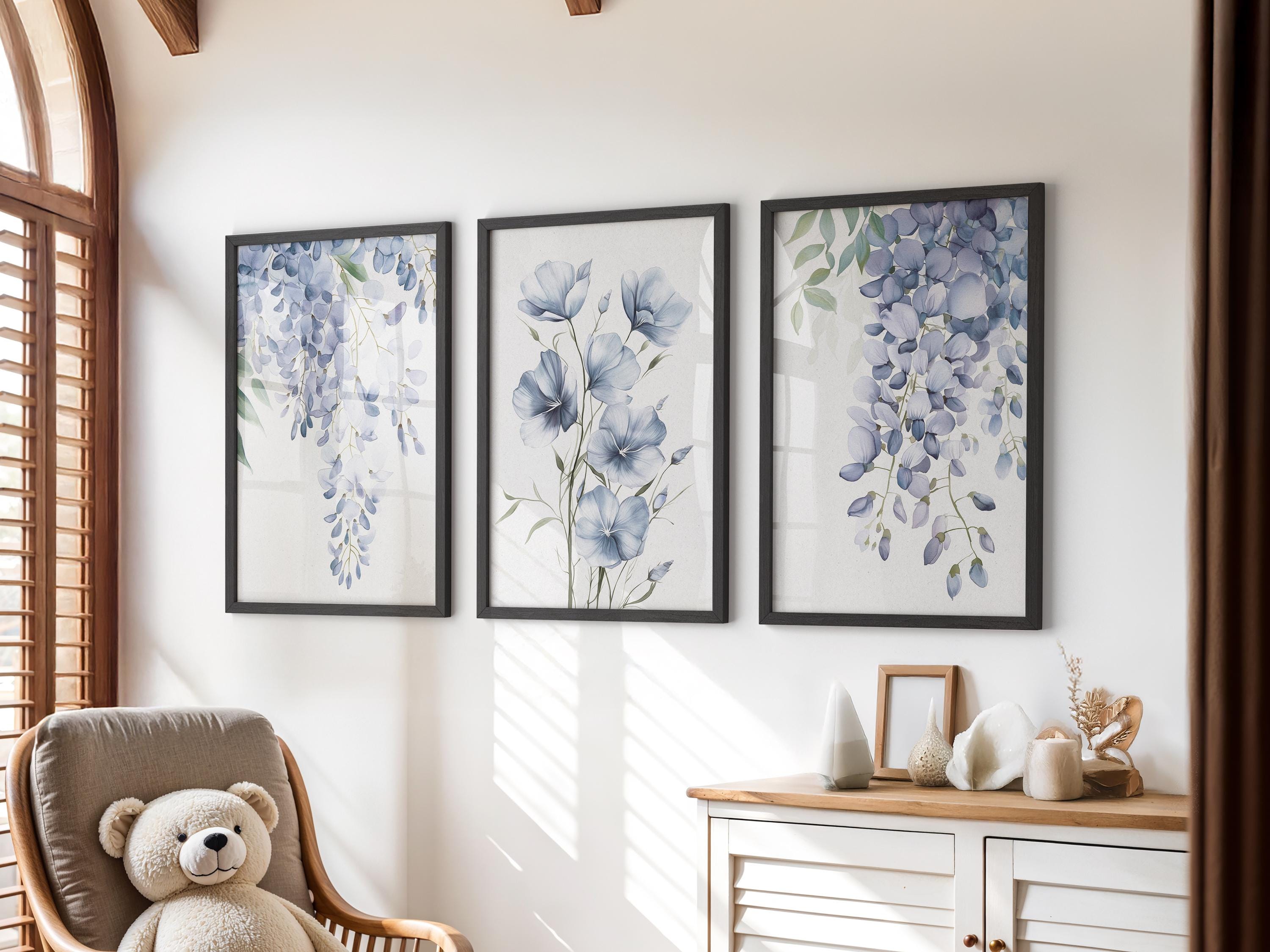 Blue Floral Watercolor Art Prints: Light Blue Botanical Wall Decor, Set ...
