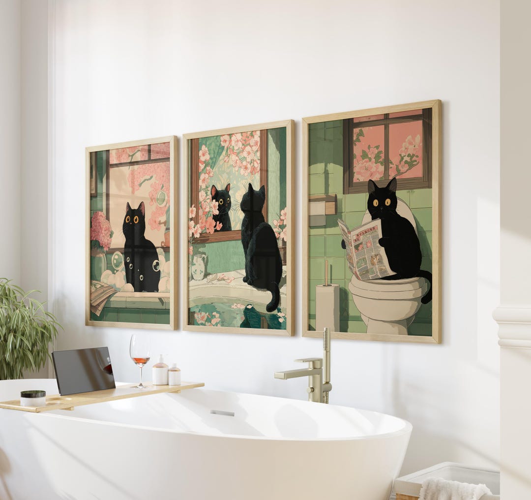 Funny Bathroom Poster: Black Cat Reading Newspaper, Toilet Wall Art ...