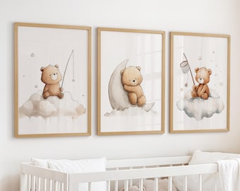 Impressions ours en peluche sur des nuages : oeuvre d'art murale pour chambre d'enfant, décoration de chambre de bébé et d'enfant (lot de 3)