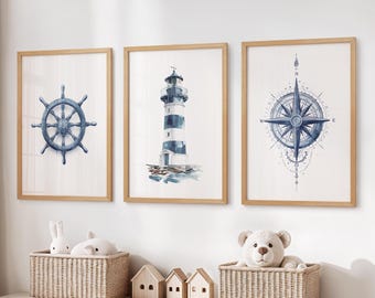 Ensemble d'impressions d'art nautique : phare bleu marine, bateau, thème océan