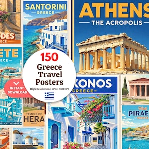 Puede incluir: Una colección de 150 carteles de viaje de Grecia. Los carteles presentan lugares emblemáticos y destinos griegos, como Santorini, Atenas, Rodas y Creta. Los carteles son de estilo vintage con colores vibrantes y el texto "Descarga instantánea".