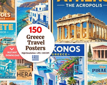 Lot de 150 affiches de voyage en Grèce - oeuvre d'art murale grecque vintage - Pack numérique - Santorin Mykonos Athènes