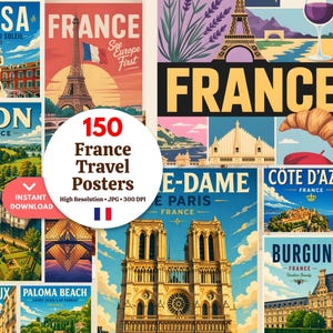 May include: A collection of 150 France travel posters with vintage-style illustrations. The posters feature iconic landmarks like the Eiffel Tower, Notre Dame Cathedral, and scenic landscapes. The posters are high resolution and available for instant download.