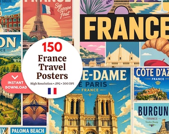 Lot de 150 oeuvres d'art murales de voyage en France - affiches anciennes, tourisme des villes de France - téléchargement numérique