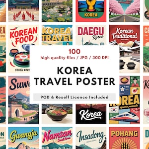 May include: A collection of 100 Korea travel posters in a vintage style. The posters feature various Korean landmarks, food, and cultural elements. The text "KOREA TRAVEL POSTER" is displayed prominently. Includes POD & Resell License.