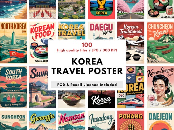 100 Vintage Korea Travel Posters | Retro Korean Wall Art | Travel Decor Bundle