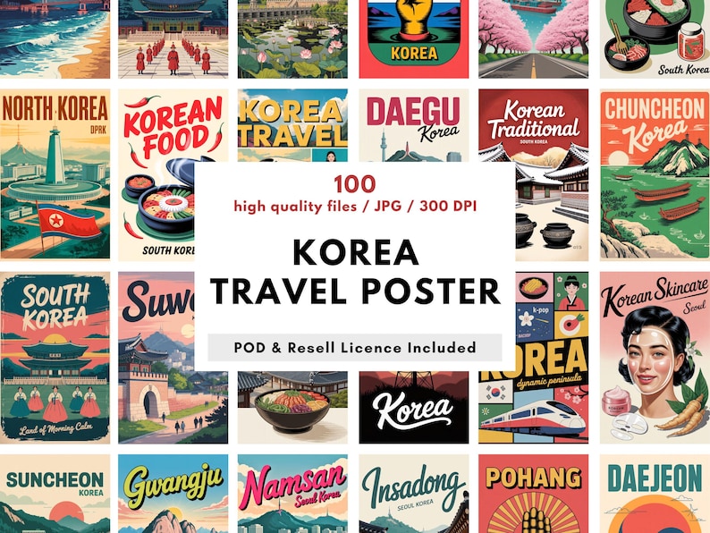May include: A collection of 100 Korea travel posters in a vintage style. The posters feature various Korean landmarks, food, and cultural elements. The text "KOREA TRAVEL POSTER" is displayed prominently. Includes POD & Resell License.
