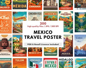 200 Mexico Travel Poster Bundle – Vintage Mexican Prints Wall Art, Ready to Print