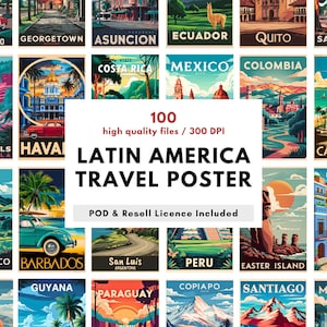 Könnte beinhalten: Eine Sammlung farbenfroher Reiseplakate mit verschiedenen lateinamerikanischen Reisezielen. Jedes Plakat zeigt berühmte Wahrzeichen und Landschaften, mit Text, der den Ort angibt. Der Text "Latin America Travel Poster" ist enthalten.