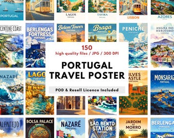 May include: A collection of 150 watercolor travel posters featuring various locations in Portugal. Each poster showcases a different city or landmark, with vibrant colors and artistic renderings. The text "Portugal Travel Poster" is displayed prominently.