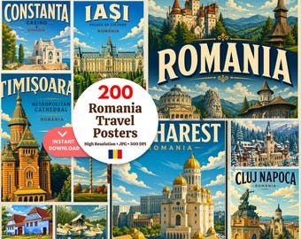 200 Romania Travel Poster Bundle – Vintage Romanian Landmarks Prints, Retro Wall Art