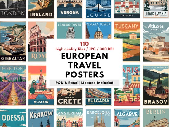 110 Europe Travel Poster Bundle – Printable Wall Art of European Cities, Retro Tourism Prints, Instant Download, Vintage Landmarks Set