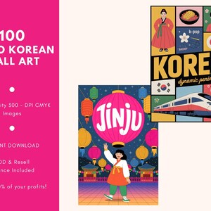 May include: A digital art print featuring three retro Korean-themed illustrations. One poster says "Korea dynamic peninsula" with a train. Another shows a woman in traditional dress. The third poster says "Jinju".