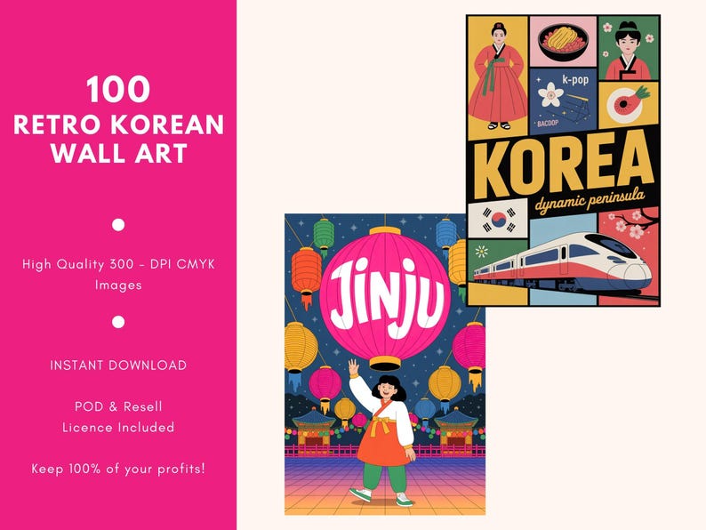 May include: A digital art print featuring three retro Korean-themed illustrations. One poster says "Korea dynamic peninsula" with a train. Another shows a woman in traditional dress. The third poster says "Jinju".