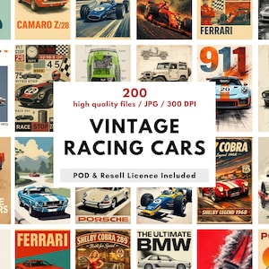Może przedstawiać: Kolekcja plakatów z zabytkowymi samochodami wyścigowymi, przedstawiająca różne klasyczne modele samochodów i sceny wyścigów. Plakaty prezentują kultowe samochody, takie jak Ferrari, Porsche i Cobra, z tekstem "200 high quality files / JPG / 300 DPI" i "VINTAGE RACING CARS".
