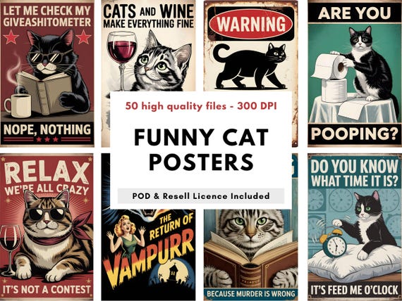 Funny Cat Posters Bundle | Retro Humor Prints (Instant Download)
