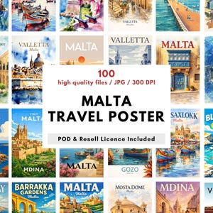 Puede incluir: Una colección de carteles de viaje de Malta en estilo acuarela. Los carteles presentan varios lugares, incluyendo La Valeta, Mdina y Popeye Village. El texto "MALTA TRAVEL POSTER" se muestra de forma destacada, junto con "100 high quality files / JPG / 300 DPI".