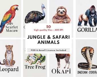 Ensemble de 50 impressions d'art animaux sauvages - Illustrations de safari dans la jungle (téléchargement numérique)