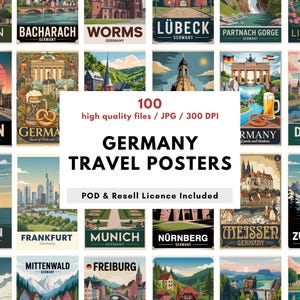 Op de afbeelding: Een verzameling van 100 Duitse reisaffiches, elk met een andere stad of bezienswaardigheid. De posters zijn in vintage stijl, met levendige kleuren en illustraties. Tekst op de posters bevat stadsnamen als Berlijn, München en Dresden.