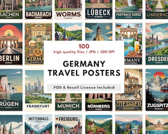 Lot d'affiches de voyage en Allemagne - 100 impressions d'art mural de style vintage, villes et monuments allemands