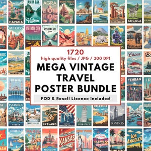 Bundel met mega vintage reisposter 1720, pakket retro reisprints, wereldsteden, landen en monumenten