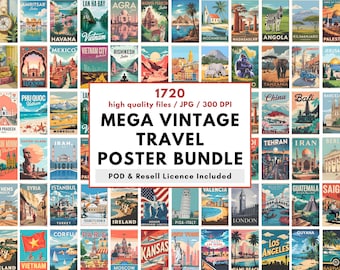 1720 Mega Vintage Travel Poster Bundle, Retro Travel Prints Pack, World Cities, Countries & Landmarks
