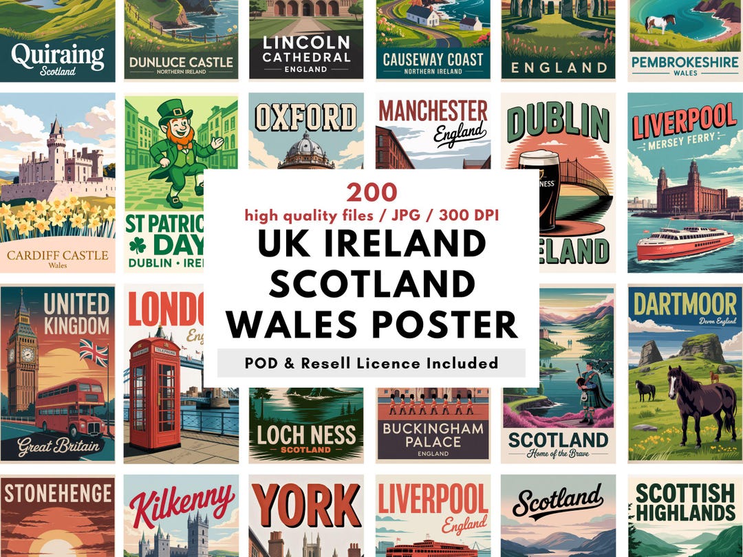 200 UK Ireland Scotland Wales Vintage Poster Pack – Printable Travel ...