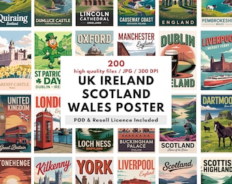 200 UK Ireland Scotland Wales Vintage Poster Pack – Printable Travel Art - Digital Download