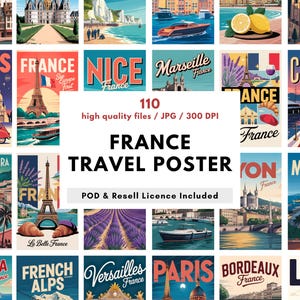 Puede incluir: Una colección de carteles de viaje de estilo vintage con varios lugares de Francia. Los carteles muestran monumentos emblemáticos, paisajes y paisajes urbanos, con el texto "France Travel Poster". La imagen incluye el texto "110 high quality files / JPG / 300 DPI".