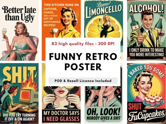 Funny Retro Poster Bundle | Vintage Sarcastic Quotes Wall Art |  Printable Kitchen & Office Decor | 82 Instant Download JPG