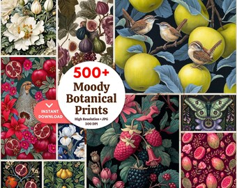 500 Moody Botanical Prints Bundle | Vintage Dark Floral Art Images | Instant Download
