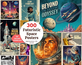 Lot de 300 affiches rétro de voyage spatial | Art mural science-fiction futuriste | Téléchargement instantané