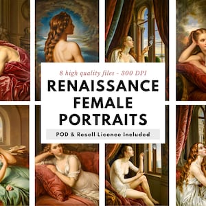 Renaissance Woman Portraits Wall Art Set, Vintage Style Printable Paintings, Classical Female Art Prints Bundle, Ready to Print Decor