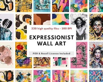 May include: A collection of expressionist wall art prints. The image displays a grid of various abstract artworks in diverse styles and colors. Text on the image reads "EXPRESSIONIST WALL ART" and "220 high quality files - 300 DPI".