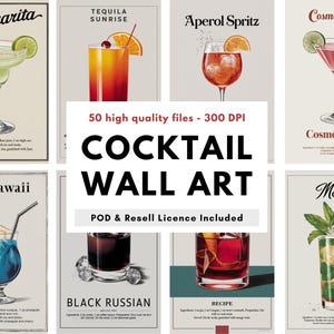 Może przedstawiać: Kolekcja wydruków na ścianę z motywem koktajli. Wydruki przedstawiają ilustracje klasycznych koktajli, takich jak Margarita, Tequila Sunrise, Aperol Spritz, Cosmopolitan, Blue Hawaii, Black Russian i Mojito. Wyświetlany jest tekst "COCKTAIL WALL ART".