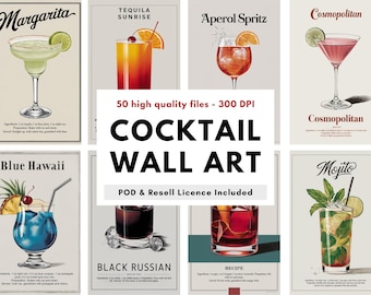 50 Printable Cocktail Recipe Poster Bundle | Vintage Drink Prints | Bar Decor | Mixology Wall Art | Digital Download | Home Bar Gift