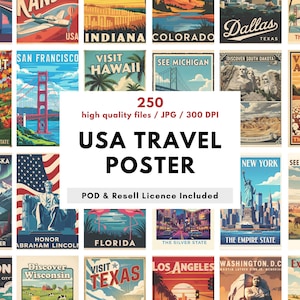 Lot de 250 affiches de voyage vintage aux États-Unis | American City Prints (téléchargement instantané) | Les 50 États