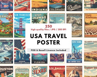 250 Vintage USA Travel Poster Bundle | American City Prints (Instant Download) | All 50 States