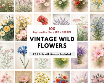Lot de 100 oeuvres d'art murales vintage fleurs sauvages – 100 impressions florales pastel doux, illustrations botaniques romantiques