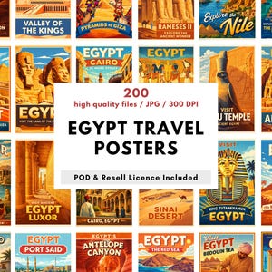 May include: A selection of vintage Egypt travel posters, showcasing landmarks such as the pyramids, Sphinx, and Nile River. The posters are labelled "EGYPT TRAVEL POSTERS", with the text "200 high quality files / JPG / 300 DPI" and "POD & Resell Licence Included".