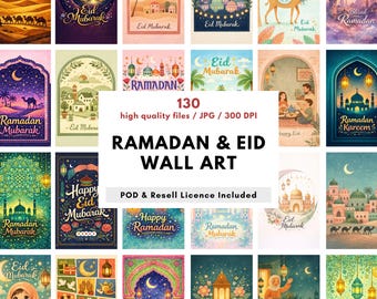 Lot d'art mural Ramadan et Eid - 130 gravures islamiques, prêtes à imprimer