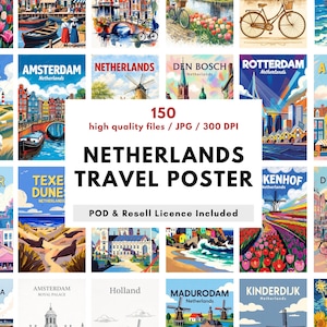 Puede incluir: Una colección de 150 carteles de viaje de los Países Bajos, cada uno mostrando una ciudad o un hito holandés diferente. Los carteles presentan ilustraciones vibrantes de molinos de viento, canales, tulipanes y bicicletas, con el texto "Netherlands Travel Poster."