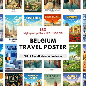 Puede incluir: Una colección de carteles de viaje de estilo vintage con varias ciudades y lugares emblemáticos de Bélgica. Los carteles tienen una estética retro, con colores vibrantes e ilustraciones. El texto incluye nombres de ciudades como Bruselas y Brujas. La imagen también incluye el texto "Bélgica Cartel de Viaje".