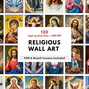 Puede incluir: Una colección de impresiones de arte mural religioso que presenta varias figuras y escenas bíblicas. Las imágenes incluyen a Jesús, ángeles y la Virgen María, con colores vibrantes y obras de arte detalladas. El texto en la imagen dice "RELIGIOUS WALL ART".