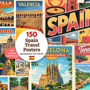 Peut inclure: Une collection de 150 affiches de voyage en Espagne, présentant des monuments emblématiques et des paysages urbains. Les affiches présentent des illustrations vibrantes de Séville, Valence, Madrid, Barcelone et Ténérife. Le texte "Téléchargement instantané" est inclus.