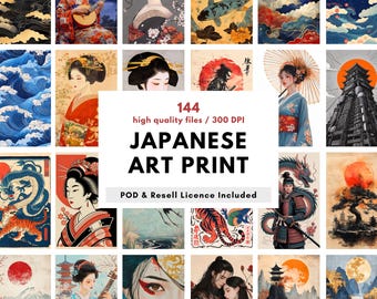 Vintage Ukiyo-e japanskt konsttryckspaket: Samurai, Geisha, Koi (digital nedladdning)