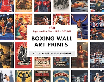 150 Boxing Wall Art Prints – Vintage Fight Posters Bundle, Printable Gym Decor